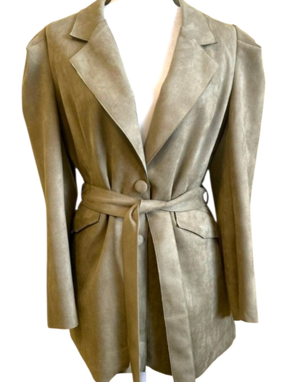 Solitaire Sage Green Faux Suede Belted Blazer Jacket Puff Sleeve Button Front LG - Picture 3 of 16